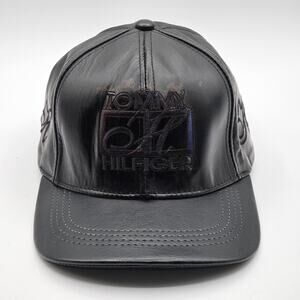 Vintage Tommy Hilfiger Black Leather Hat - 90s Logo Cap, Embroidered One Size